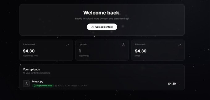 A dashboard screenshot shows "$4.30" in total earnings from 1 approved upload titled "Mayor.jpg" approved on July 22, 2026, displayed alongside metrics for uploads and monthly earnings on a dark interface. The image illustrates a creator earnings profile for $UPLOAD on Solana, highlighting the platform's payout system as referenced in the post about Kled's 70m market cap milestone.