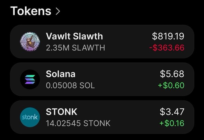 A dark 'Tokens' interface showing three cryptocurrencies: 'Vawlt Slawth' at $819.19 (down $363.66), 'Solana' at $5.68 (up $0.60), and 'STONK' at $3.47 (up $0.16).