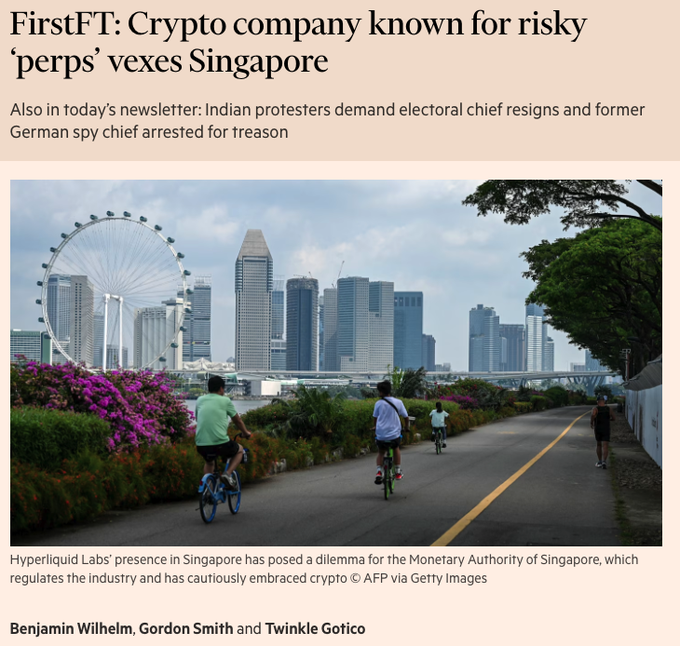 A Financial Times article headline 'FirstFT: Crypto company known for risky 'perps' vexes Singapore', showing a photo of cyclists riding along a waterfront path with the Singapore skyline and a Ferris wheel in the background.
