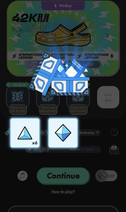 Mobile game screen showing a 'Walker' sneaker NFT card with '42KM' and 'STEPNATHON LEGEND' branding, overlaid with an NFT loobox unboxing interface featuring blue gem rewards and a 'Continue' button.