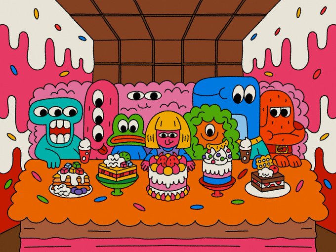 A colorful cartoon illustration depicts a group of quirky monster characters gathered around a table filled with various decorated cakes and desserts.