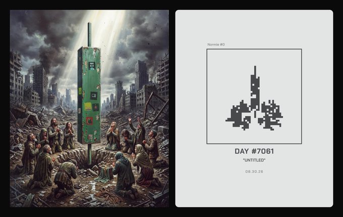 The image shows a Beeple artwork featuring robed figures worshipping a green monolith in a post-apocalyptic landscape, paired with a Normie #0 display showing "DAY #7061" with a pixelated figure of the same scene at timestamp "08.30.28." This visual pairs Beeple's detailed dystopian art with its pixelated counterpart on the Normies programmable canvas, illustrating a collaboration where Beeple's artwork is rendered on the Normie #0 canvas.
