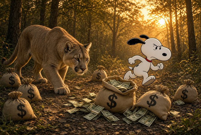 A surreal scene in a sunlit forest showing a cougar facing off with a cartoon Snoopy character over burlap money bags marked with dollar signs.
