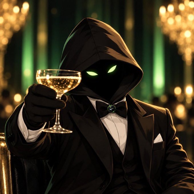 A stylized illustration of a hooded, shadowy figure with glowing green eyes wearing a tuxedo and holding up a glass of champagne in an elegant setting.