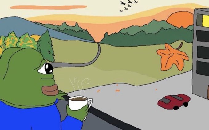 An animated illustration of Pepe the Frog character holding a steaming cup of coffee, looking out over a landscape with a sunset, mountains, birds, and a small red car.