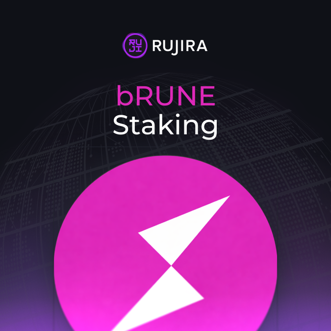 Digital advertisement graphic for 'RUJIRA bRUNE Staking' featuring a pink circle with a white geometric rune-like symbol on a dark background with a faint globe pattern.