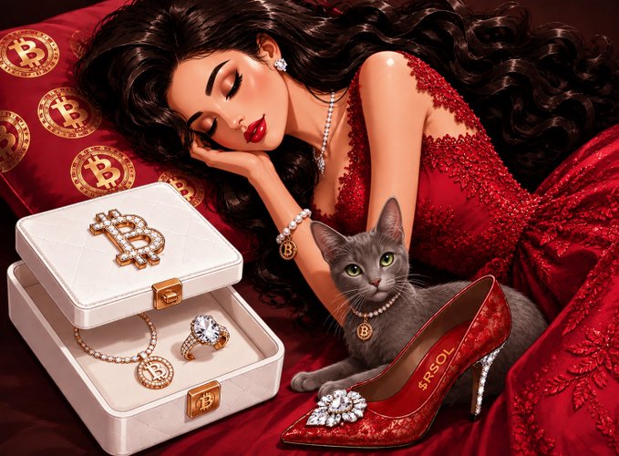 A glamorous woman in a red dress rests beside a white jewelry box featuring a jeweled "B" emblem containing a diamond pendant and ring, with a gray cat wearing a pearl necklace adorned with a "B" charm nestled next to a red sparkly high heel. Bitcoin logos and a "B" themed pillow appear in the background, complementing the post's playful denial that the elegant, bejeweled feline is hers.