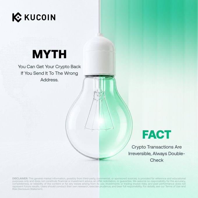 A KuCoin infographic featuring a split light bulb contrasts the myth "You Can Get Your Crypto Back If You Send It To The Wrong Address" with the fact that "Crypto Transactions Are Irreversible, Always Double-Check," reinforcing the social media message that crypto transactions cannot be undone.