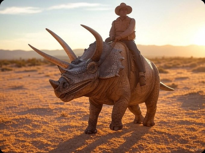 A person wearing a cowboy hat and vest riding a triceratops dinosaur across a desert landscape at sunset, with watermark 'cut.space'.
