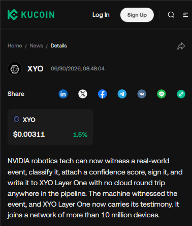 KuCoin news article showing XYO at $0.00311 (up 1.5%) with a headline about NVIDIA robotics technology integration, which enables XYO Layer One to attach confidence scores to real-world events and write them to its blockchain through a network of over 10 million devices.