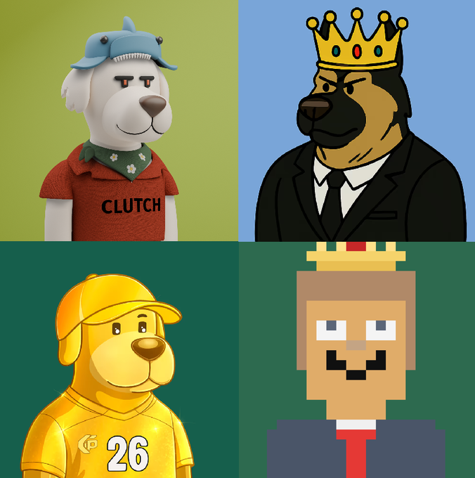 A 2x2 grid of digital art featuring four characters: a white dog in a shark hat wearing a 'CLUTCH' shirt, a German Shepherd in a suit with a gold crown, a yellow dog in jersey number 26, and a pixelated king with a crown.