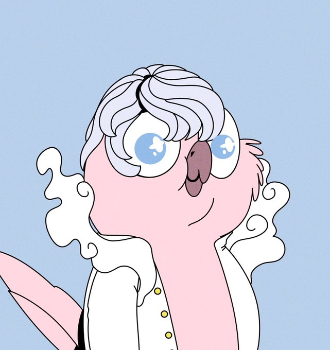 A cartoon-style illustration depicts a pink, bird-like character with large blue eyes, fluffy white hair, and curly plumage, dressed in a white vest with gold buttons. The playful art appears to be a customized avatar, likely the "bird" version the poster mentions being transformed into for a Robinhood NFT collection with a 2500 supply.