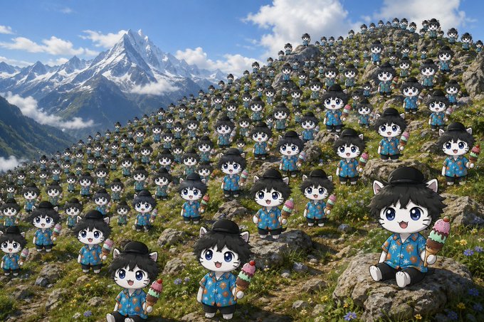 Hundreds of identical chibi cat characters in black hats and blue Hawaiian shirts cover a mountainside, with one seated prominently in the foreground holding an ice cream cone.

The image cleverly illustrates the poster's goal of reconnecting with friends they've lost touch with—depicting a massive, welcoming community of similar characters "waiting" on the mountain to be reached out to.