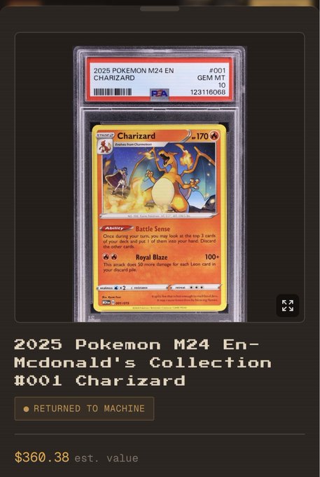A graded 2025 Pokemon M24 McDonald's Collection Charizard trading card in a PSA 10 slab, displayed with text showing an estimated value of $360.38.