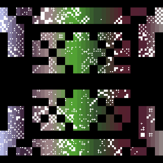 An abstract, pixelated image consisting of rectangular blocks filled with patterns of white plus signs on gradients of blue, purple, green, and black backgrounds.