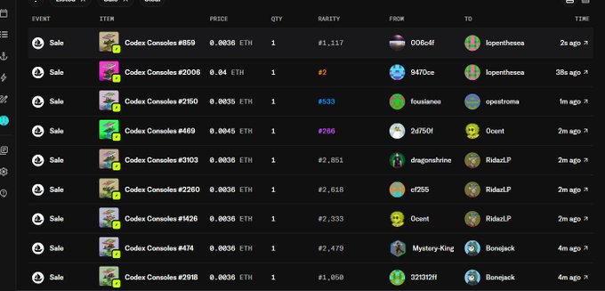 A screenshot of an NFT marketplace transaction history showing multiple sales of 'Codex Consoles' items, listing prices in ETH, rarity rankings, and buyer/seller wallet addresses.