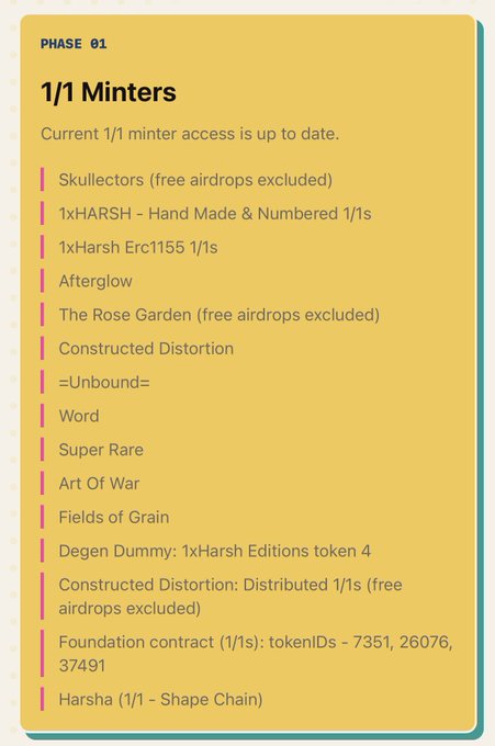 A yellow card titled "PHASE 01 — 1/1 Minters" lists NFT collections that qualify for Culture Monke phase 1 access, including Skullectors, 1xHARSH Hand Made & Numbered 1/1s, Afterglow, The Rose Garden, Constructed Distortion, =Unbound=, Word, Super Rare, Art Of War, Fields of Grain, Degen Dummy, and select foundation contract tokens, with a final snapshot planned for the last week of July before mint.