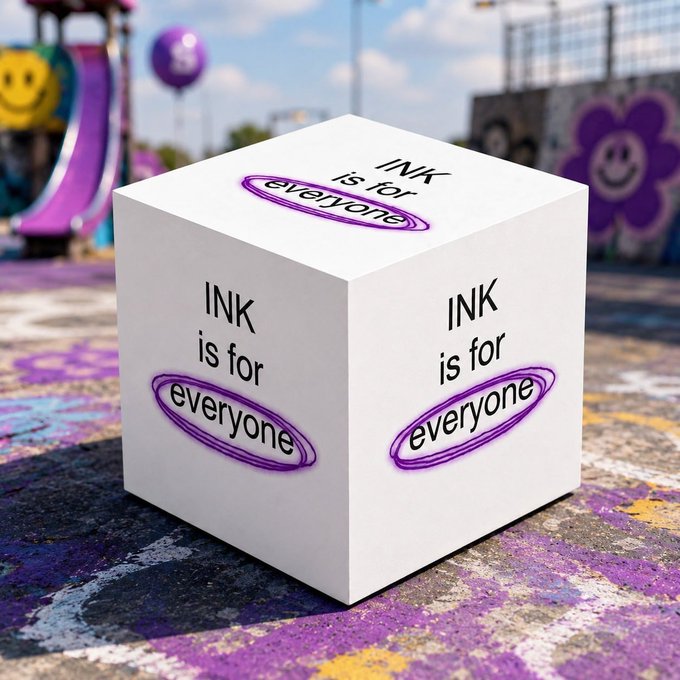 A white cube sits on a purple-painted surface displaying the message 'INK is for everyone' on its visible sides, with 'everyone' circled in purple, set in a playground with a slide and balloons in the background.