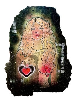 A pixelated cross-stitch or bead art piece depicting a woman with long curly blonde hair, a pixel heart on her chest, and a red rose, set against a dark irregular background.