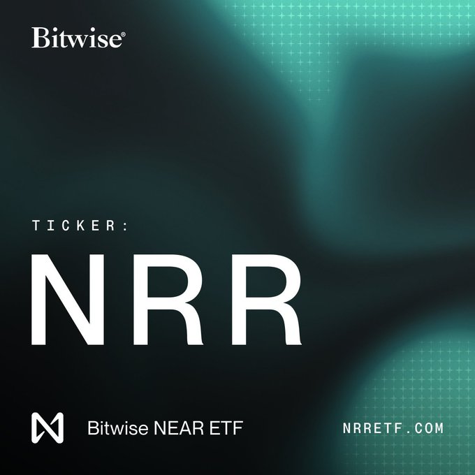 Promotional image from Bitwise announcing the launch of their NEAR ETF under the ticker "NRR," featuring the Bitwise logo and website NRRETF.com. The image accompanies a post highlighting Bitwise's recent launch of the NEAR Protocol ETF tied to the AI-crypto intersection, noting that NEAR Intents has processed $32.58B in volume and generated $51.78M in fees.