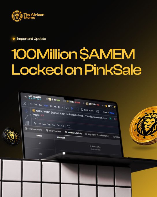 The image is a promotional graphic for The African Meme ($AMEM) announcing that 100 Million $AMEM tokens have been locked on PinkSale, displayed alongside a computer monitor showing token metrics and gold lion-emblem coins. This visually reinforces the accompanying update about the project's development tokens, which states that 10% of the total supply was locked on PinkLock for the project's allocation.