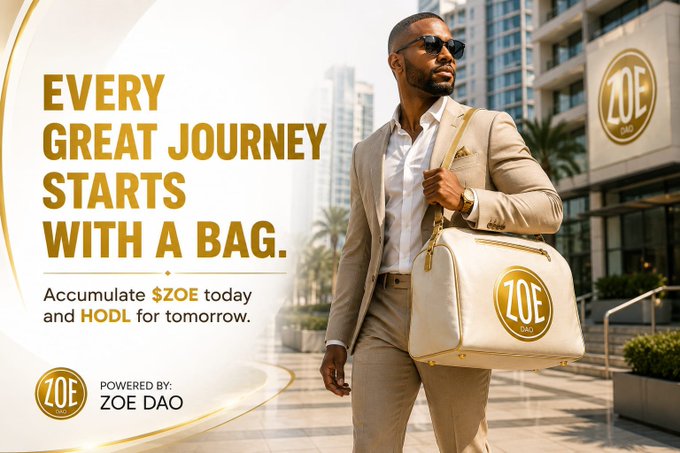 A stylish man in a beige suit carries a white "ZOE DAO" branded bag in front of a luxury building, alongside text reading "EVERY GREAT JOURNEY STARTS WITH A BAG. Accumulate $ZOE today and HODL for tomorrow." The image visually reinforces the post's motivational message about perseverance and long-term vision, symbolizing that wealth and success—like the journey to a luxury destination—begin with taking the first step of accumulating $ZOE and holding onto it.