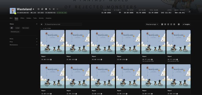 A screenshot of an NFT marketplace page for the 'Wasteland' collection shows a floor price of $21.88, 24H volume of $59.7K, and a grid of identical 'Reject' items with a top offer of 22.00 USD.