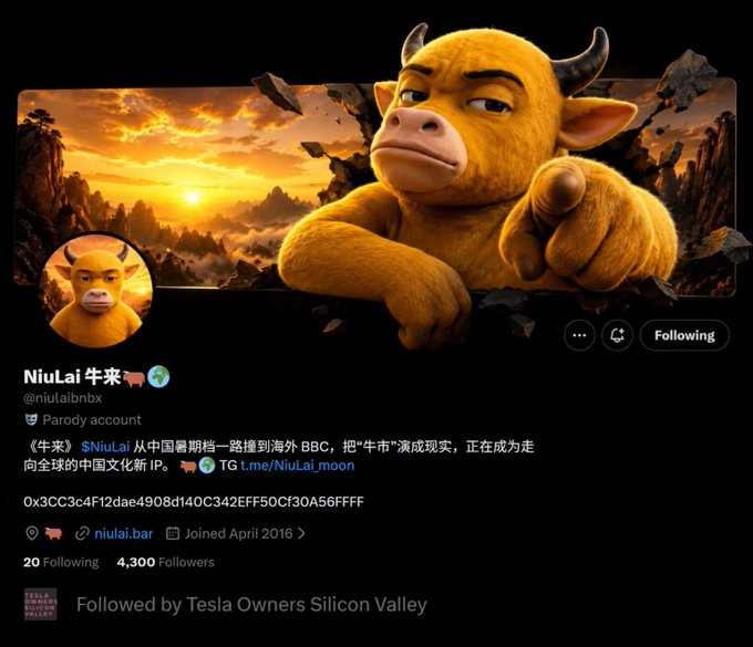A Twitter/X profile page for "NiuLai 牛来" (@niulaibnbx), a parody account featuring a 3D-rendered yellow bull mascot pointing forward against a mountainous sunset backdrop, with 4,300 followers and a contract address (0x3CC3c4F12dae4908d140C342EF50Cf30A56FFFF), aligned with the post's message about NiuLai as an emerging Chinese crypto IP symbolizing "The Bull Is Coming."