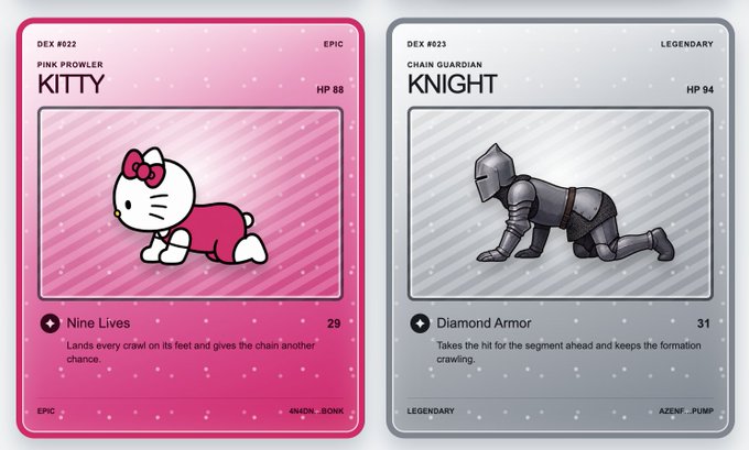 Two digital trading cards styled like Pokémon cards: a pink EPIC 'Pink Prowler KITTY' DEX #022 and a grey LEGENDARY 'Chain Guardian KNIGHT' DEX #023.