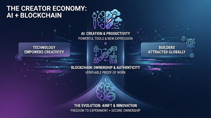A digital graphic titled 'THE CREATOR ECONOMY: AI + BLOCKCHAIN' highlights themes of technology, ownership, and innovation.