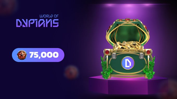 Promotional image for 'WORLD OF DYPIANS' featuring a green and gold treasure chest filled with gold coins on a pedestal, with '75,000' displayed alongside a DYPIAN token icon.