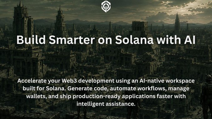 The image shows a cityscape, possibly a medieval or futuristic city, with tall buildings surrounding the area. The text overlaying the scene reads "Build Smarter on Solana with AI". This suggests that the image might be related to an advertisement for a new software or platform designed to help users manage their finances more efficiently using Solana's blockchain technology.