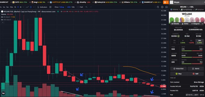 A TradingView desktop chart showing WOJAK / SOL (PumpSwap) cryptocurrency pair with significant price decline, featuring candlestick patterns and technical indicators; the side panel shows stats including 3,245K SOL volume and 2.84% price change.