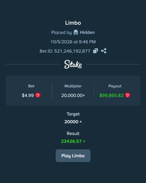 A screenshot of a Stake.com gambling interface showing a winning 'Limbo' bet placed by 'Hidden' for $4.99 with a 20,000.00× multiplier, resulting in a $99,865.82 payout.