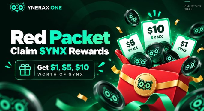 Promotional banner for YNERAX ONE featuring a red packet filled with black $YNX coins and green cards displaying '$10 $YNX', '$5 $YNX', and '$1 $YNX', with text reading 'Red Packet Claim $YNX Rewards' and 'Get $1, $5, $10 WORTH OF $YNX'.