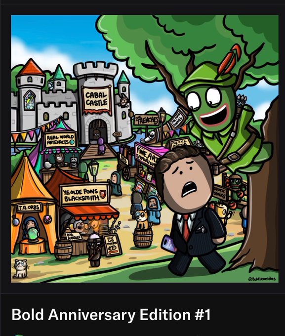 A colorful cartoon illustration labeled 'Bold Anniversary Edition #1' depicting a man in a suit looking shocked in a medieval-themed marketplace called 'Cabal Castle'.
