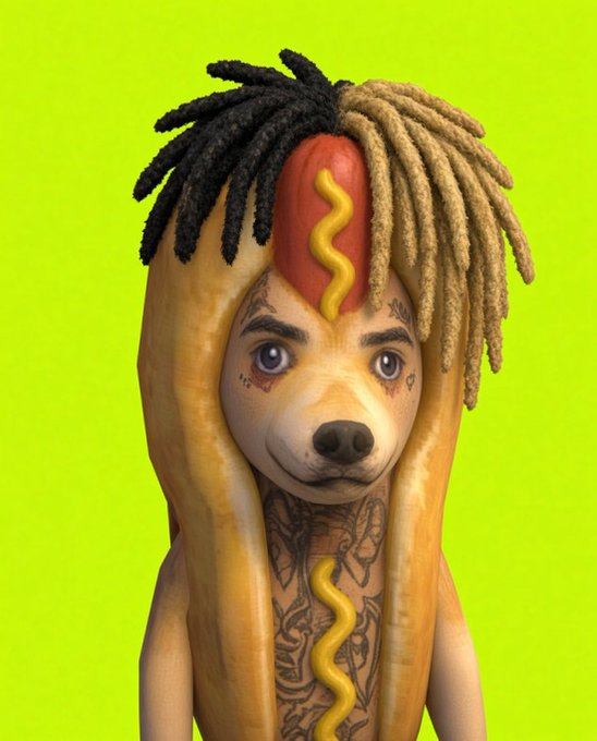 3D rendered character of a dog dressed in a hot dog bun costume with dreadlocks, face tattoos, and mustard details against a neon green background.