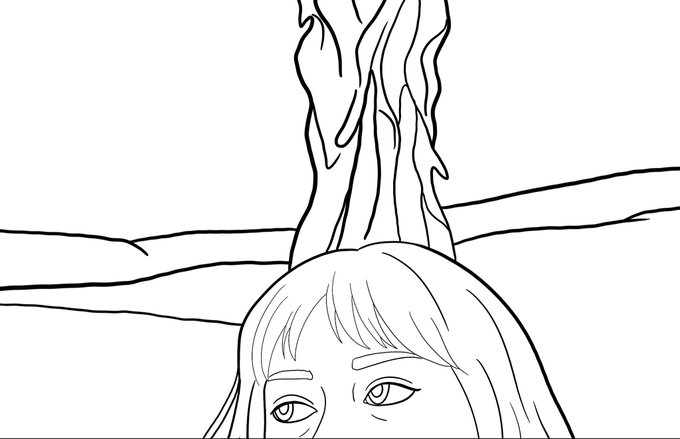 A black and white line art illustration showing the upper half of a girl's face with her hair flowing upward like flames or water against a minimalist landscape background.