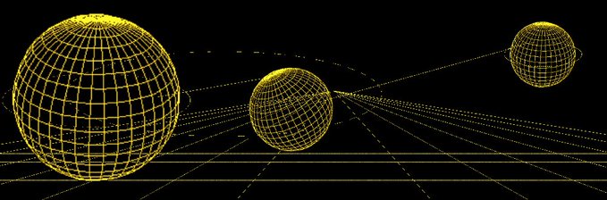 A black background displaying three yellow wireframe spheres arranged horizontally, connected by dashed lines forming a perspective grid pattern.