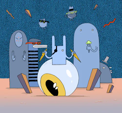 A whimsical cartoon illustration of various gray ghost-like creatures and round characters with sunglasses, lightning bolts, and umbrellas gathered on a sandy beach under a textured blue sky.