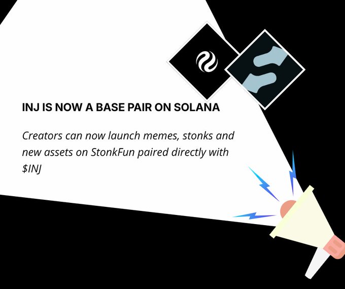 A promotional graphic announcing "INJ IS NOW A BASE PAIR ON SOLANA," explaining that creators can launch memes, stonks and new assets on StonkFun paired directly with $INJ.