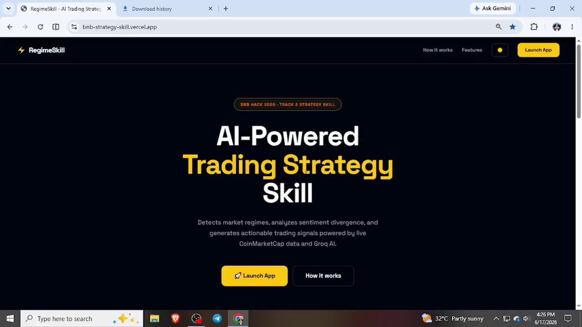 The image shows a computer screen displaying a website called "BNB Strategy Skill" with a yellow background, black text, and a picture of a person's face. The website appears to be an app that helps users make trading decisions by providing real-time market information and artificial intelligence analysis. It is designed for easy understanding and offers signals based on the user's preferences.