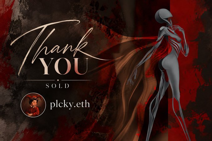 A 'Thank You SOLD' digital art announcement with the text 'plcky.eth' displayed next to a stylized grey figure against a red and black background.