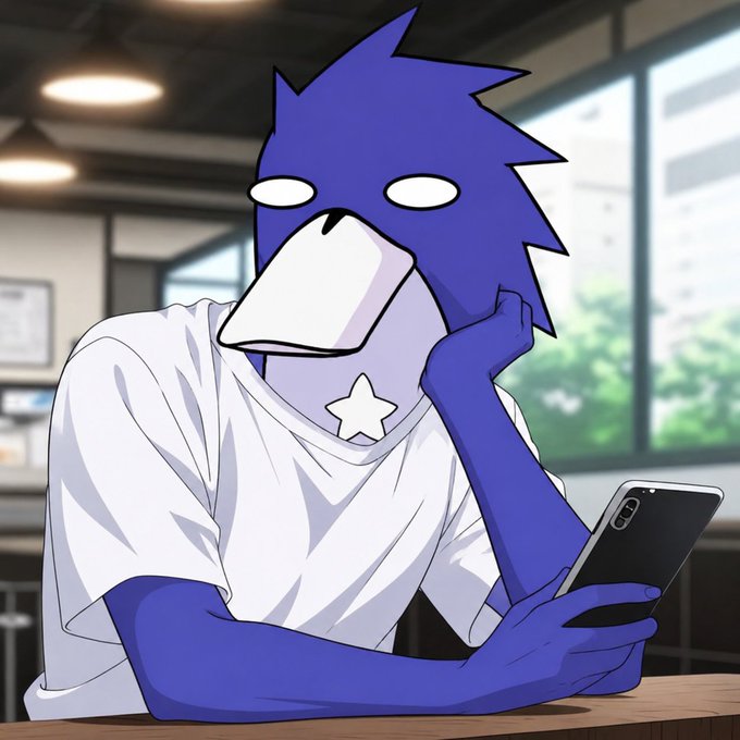 An anime-style illustration of a blue, anthropomorphic duck-like character with spiky hair, wearing a white t-shirt, sitting at a wooden table while holding a smartphone in a modern interior setting.