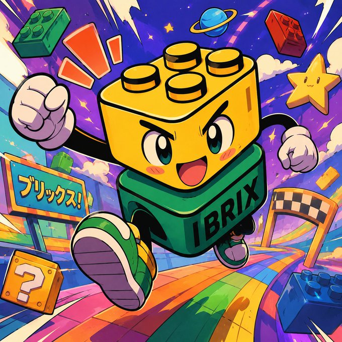 A colorful anime-style illustration of a yellow Lego-like character with the word 'IBRIX' on its torso, running across a rainbow path surrounded by blocks, stars, and a planet.