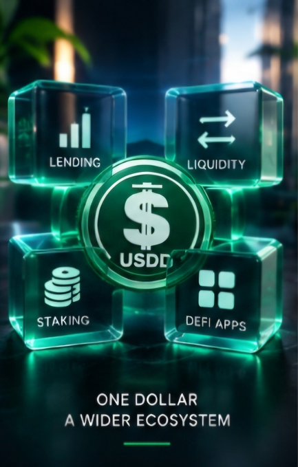 A promotional graphic showing a central USDD coin surrounded by four glowing cubes labeled 'LENDING', 'LIQUIDITY', 'STAKING', and 'DEFI APPS', with text 'ONE DOLLAR A WIDER ECOSYSTEM'.
