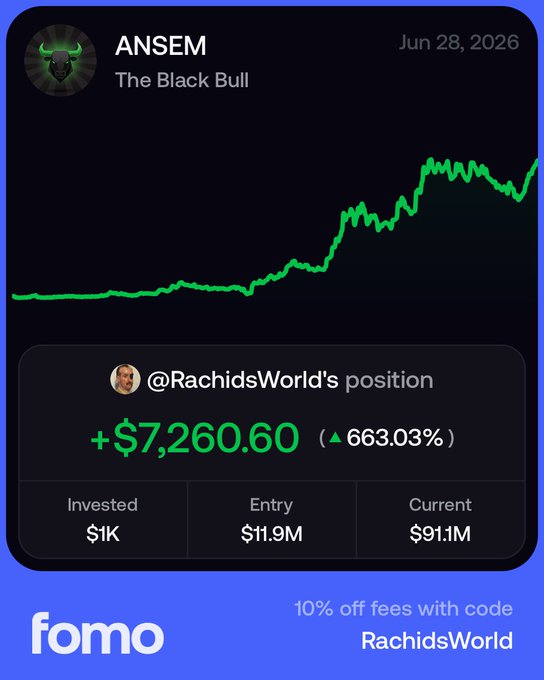The image displays a trading position from "fomo" for user @RachidsWorld showing a +$7,260.60 gain (663.03%) on the $ANSEM token "The Black Bull," with $1K invested, an entry market cap of $11.9M, and current market cap of $91.1M, alongside a green upward price chart. The accompanying post describes a truck driver proudly sharing this profit as proof that regular working people can succeed in crypto, calling out others who beg for handouts while he's up $6.6K aping his hard-earned wages.