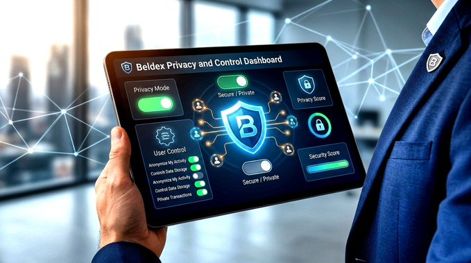 A person in a blue suit holding a tablet displaying the 'Beldex Privacy and Control Dashboard,' which features toggles for 'Privacy Mode' and 'User Control' along with blockchain icons.