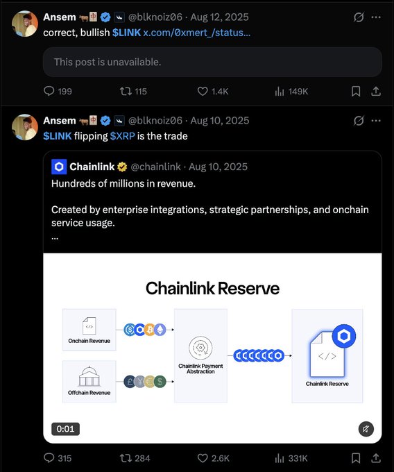 Two tweets from @blknoiz06 (Ansem) posted in August 2025 discussing $LINK (Chainlink) and $XRP as a bullish trade, including a quote tweet of Chainlink highlighting their Reserve system.