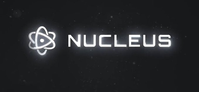 A dark background displays the glowing white logo for 'NUCLEUS' accompanied by an atom-like symbol, suggesting a technology or blockchain brand.